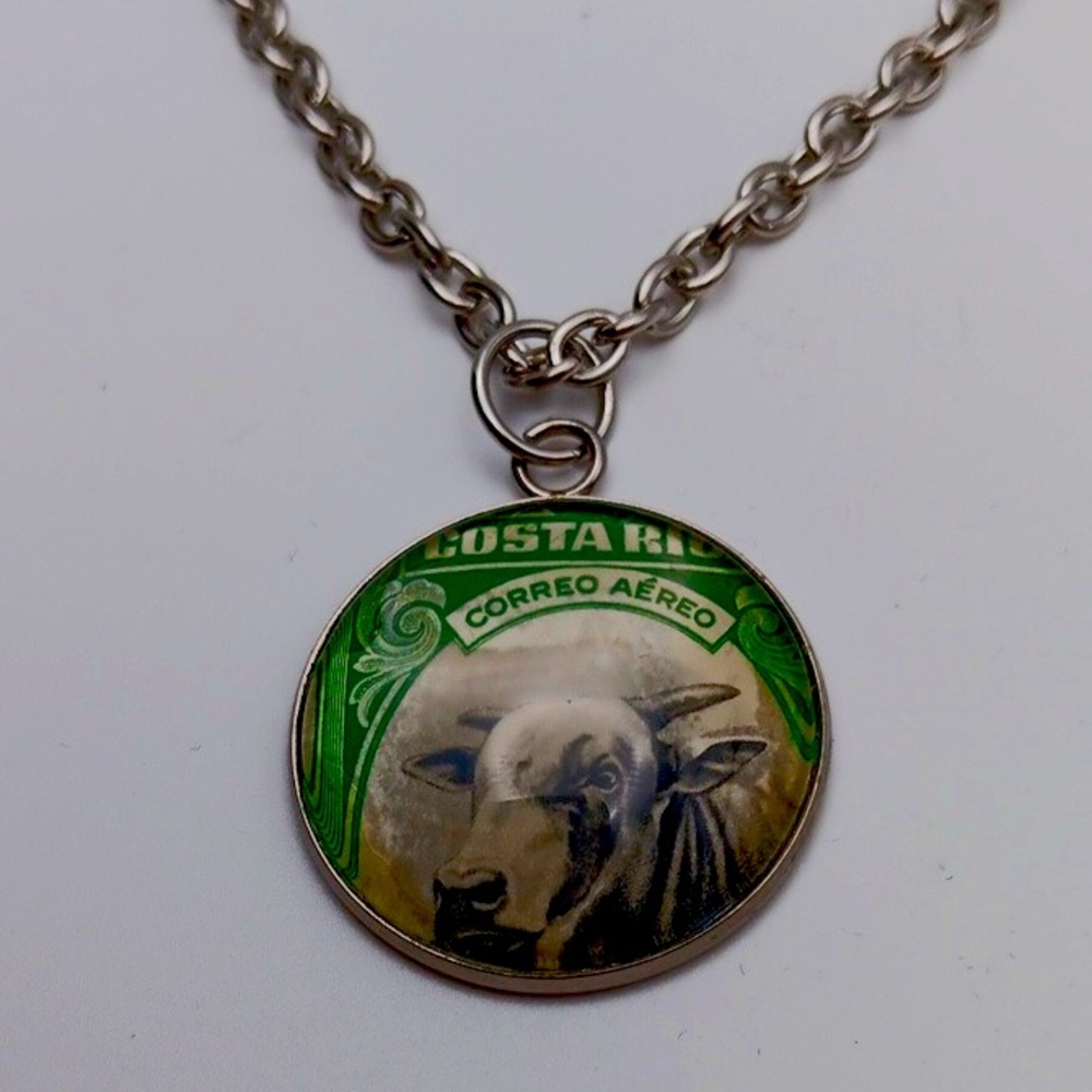 Vintage Costa Rica Postage Stamp Pendant Necklace